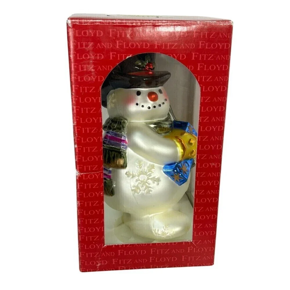 Vintage Fitz And Floyd Frosty Flakes Snowman Large Hand Blown Glass Ornament Rk